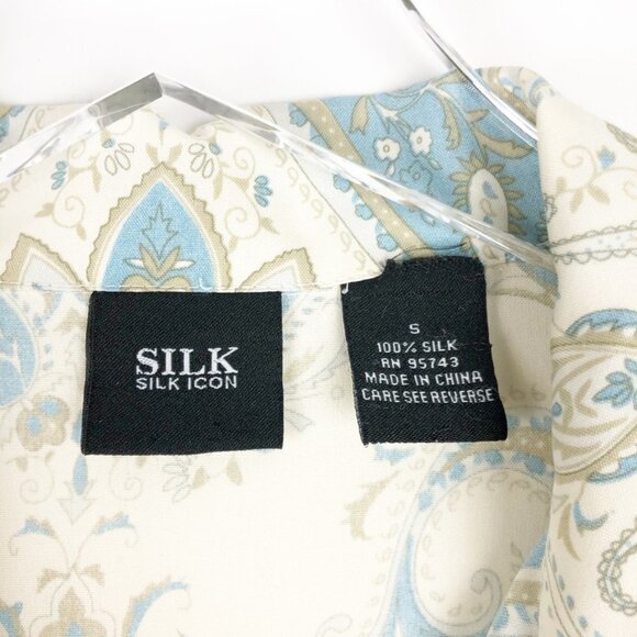 Silk Icon Blouse Women's S Cream Blue Paisley Print 100% Silk Tunic Shirt - Picture 6 of 12